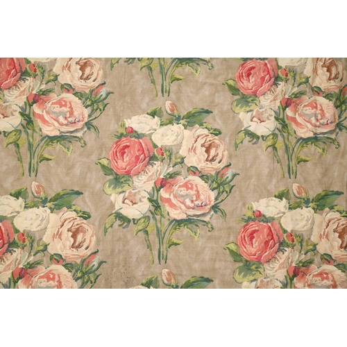 583 - Five pairs of heavy fawn ground rose bouquet linen curtains, fleece and cotton lined, each curtain a... 