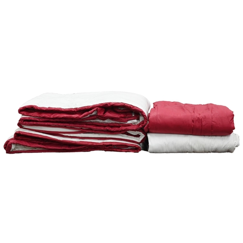 585 - Three pairs of heavy cerise glazed cotton curtains, fleece and cotton lined, each curtain approx 337... 