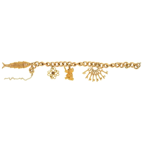 59 - A gold charm bracelet, 20th c, the curb chain reduced in length from an albert, with four 9ct gold c... 