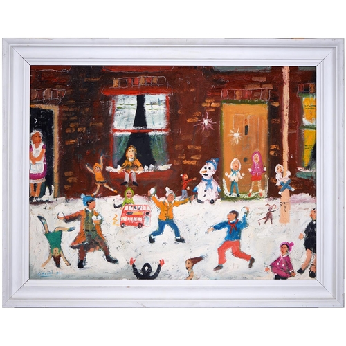 709 - Simeon Stafford (1956- ) - Snow Fight, signed, signed again and dated 2000 on the stretcher, oil on ... 