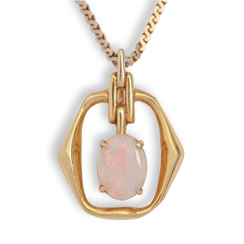 74 - An opal pendant, in gold, 24mm h, marked 14k, on a 9ct gold necklet, 4.9g