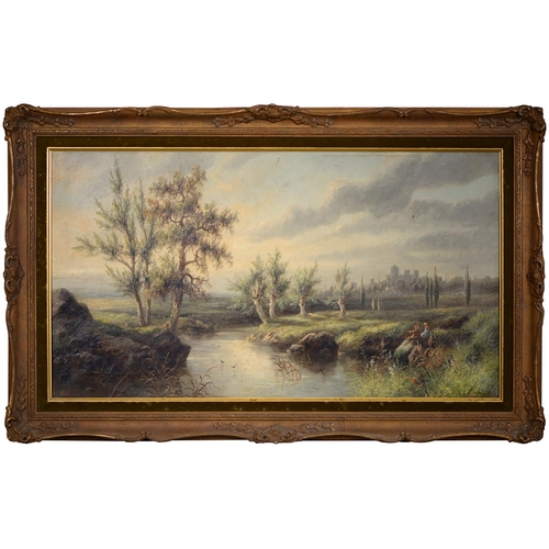 740 - Edward Masters (fl late 19th century) - Landscape with Two Children on a Riverbank, signed, oil on c... 