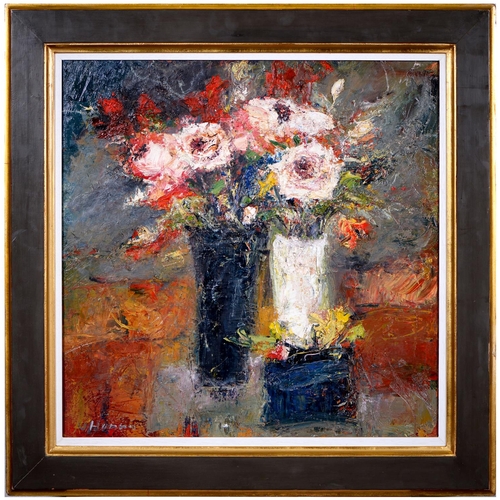 743 - Nael Hanna (1959- ) - Still Life with Flower Vases, signed, oil on canvas, 68 x 68.5cm... 