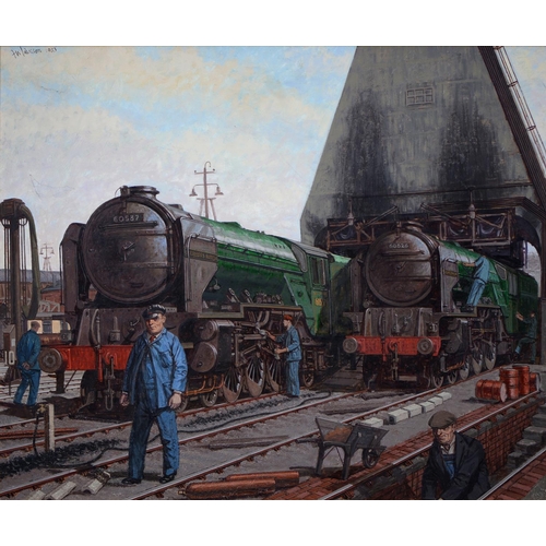 753 - F W Johnson (fl. late 20th century) - Railwayman and Locomotives, signed and dated 1983, oil on boar... 