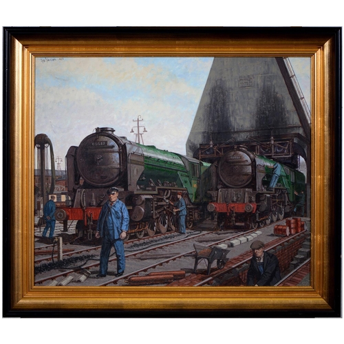 753 - F W Johnson (fl. late 20th century) - Railwayman and Locomotives, signed and dated 1983, oil on boar... 