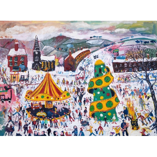 754 - Simeon Stafford (1956- ) - Winter Fair Outside Town, signed, dated 09.196 and inscribed on the stret... 