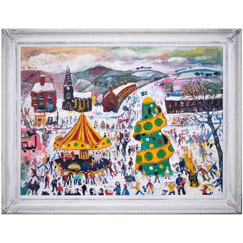 754 - Simeon Stafford (1956- ) - Winter Fair Outside Town, signed, dated 09.196 and inscribed on the stret... 