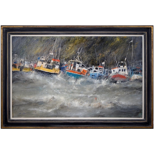 757 - Nael Hanna (1959- ) - Blustery Stormbreakers off Tolcarne Beach, signed, oil on canvas, 75.5 x 120.5... 