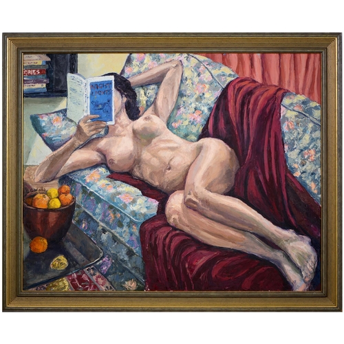 761 - Catherine Cavallo (1953- ) - Reclining Nude, signed, oil on canvas, 78.5 x 98.5cm