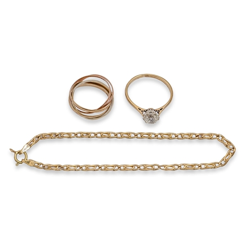 77 - A white stone ring, gold hoop marked 9ct PLAT, a gold multiple ring and a gold bracelet, 6g, first r... 