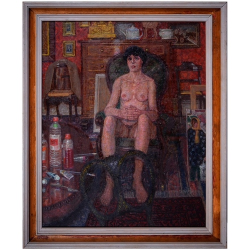 774 - Frank Johnson (1917-1998) - Female Nude Seated on a Victorian Chair, oil on canvas, 74 x 59cm... 