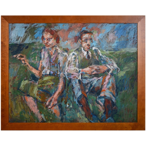 779 - 20th century School - Seated Couple, oil on board, 70 x 89cm