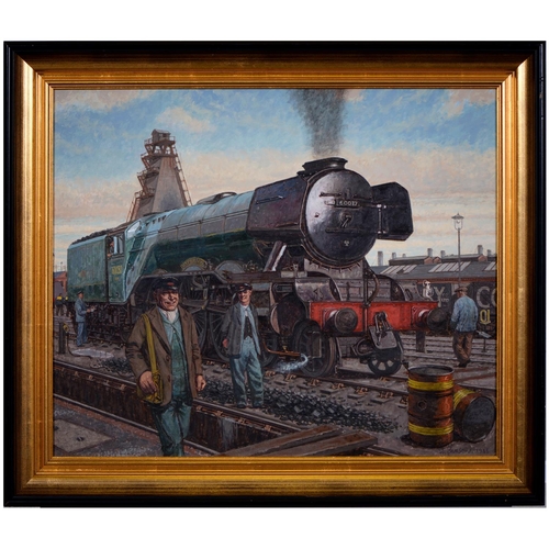 786 - F W Johnson, late 20th century - Railwaymen and Locomotive, signed and dated 1985, oil on board, 49 ... 