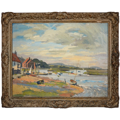 801 - Ellis, (fl mid 20th century) - Sailing Boats on an Estuary at Low Tide, signed, oil on canvas board,... 