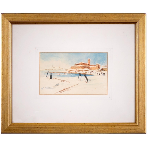 813 - Maltese School, 20th century - Penguins on The Coast, indistinctly signed, watercolour, 98 x 160mm... 