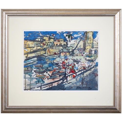 821 - Giuseppe Arcidiacono (1908-1997) - Boats in a Harbour, Malta, signed and dated 1988, mixed media on ... 