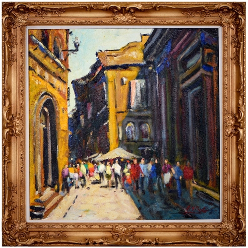 822 - John Pooler, 20th/21st century - Continental Street Scene, signed, oil on board, 59.5 x 59.5cm... 