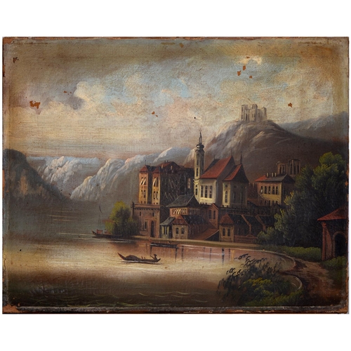 829 - Italian School, 19th century - River Scenes, one with smoking volcano, a pair, oil on canvas, 54 x 6... 