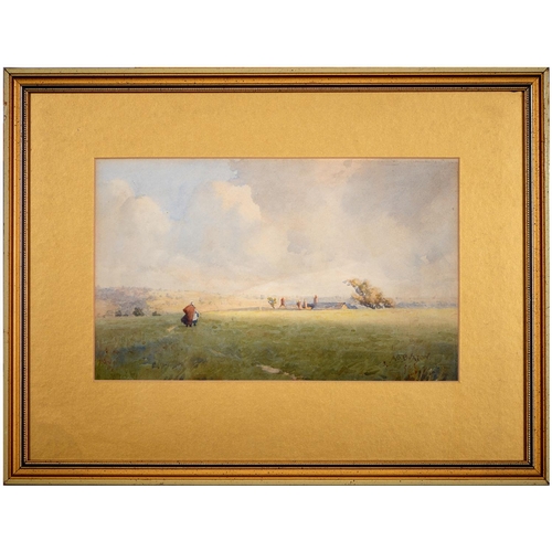 877 - A__ S__ Buxton - Woman and Child Crossing a Field, signed, watercolour, 19 x 30.5cm