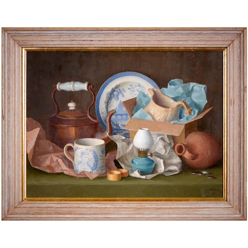 879 - Gerald Norden (1912-2000) - Antiques and a Few Shillings, signed and dated '83, oil on board, 29 x 3... 