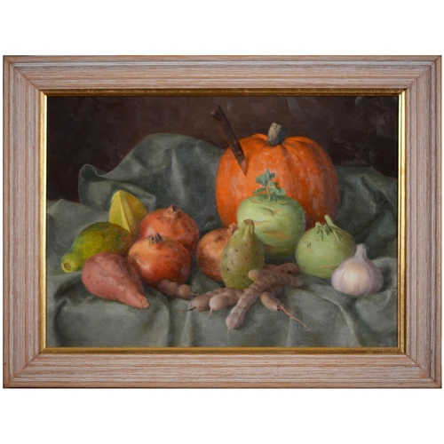 883 - Gerald Norden (1912-2000) - Still Life Squash, Garlic and Pomegranates on a Green Cloth, signed and ... 