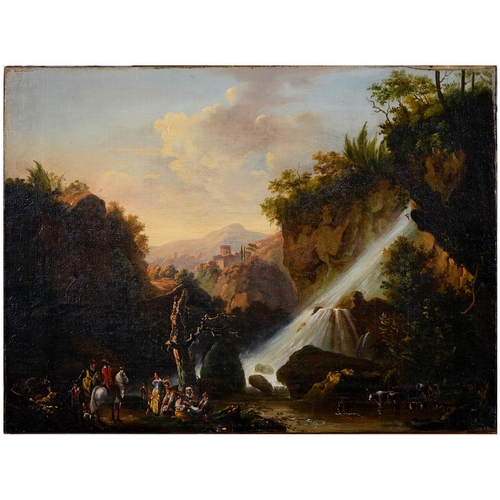 893 - Italian School, 18th century - Landscape near Tivoli with Mounted Travellers Viewing a Cascade, oil ... 