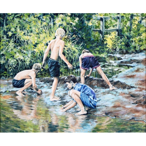 895 - Shirley Anne Owen, 20th/21st century - Playing in a Stream, signed and dated '96, oil on board, 24 x... 