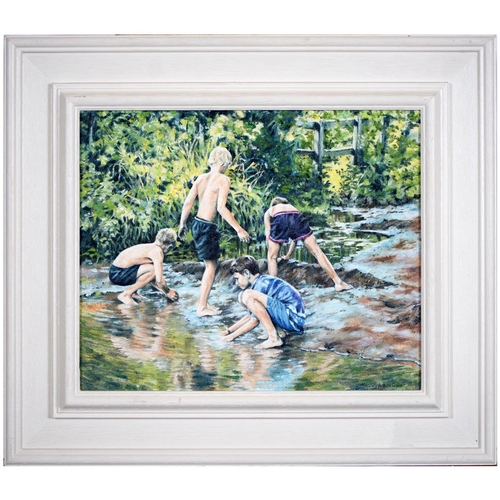 895 - Shirley Anne Owen, 20th/21st century - Playing in a Stream, signed and dated '96, oil on board, 24 x... 