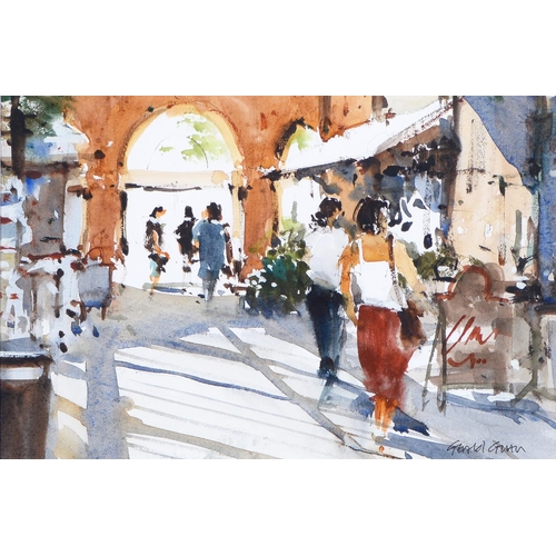 902 - Gerald Green (1947- ) - Shoppers in the Arcade, signed, watercolour, 17 x 25.5cm