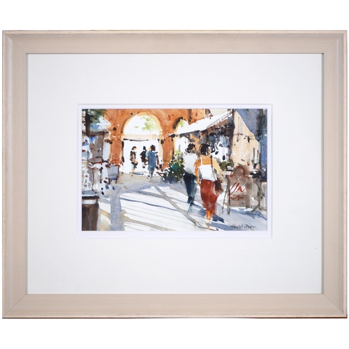 902 - Gerald Green (1947- ) - Shoppers in the Arcade, signed, watercolour, 17 x 25.5cm