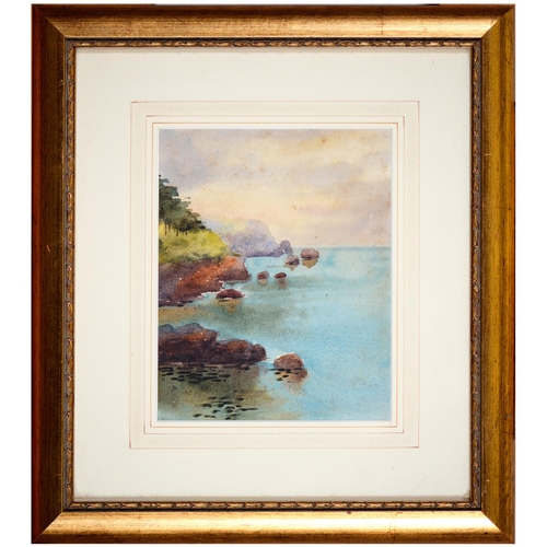 914 - English School - A Rocky Coast, watercolour, 19.5 x 15.5cm and two other landscape watercolours, one... 