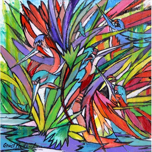 919 - Enid Patrick, 20th/21st century - Kingfishers,  signed, acrylic on board, 28.5 x 28.5cm... 