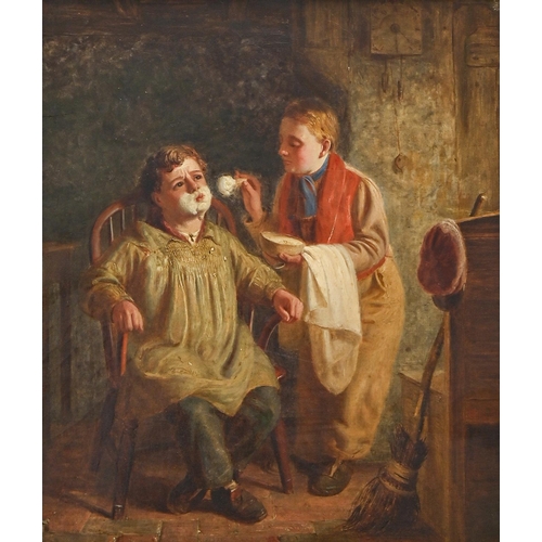 932 - Matthias Robinson (1825-1902) - The Barber, signed with initials and dated '66, oil on canvas, 34.5 ... 