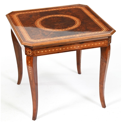 975 - An Italian walnut and inlaid games table, with detachable top, late 20th c, 74cm h; 80 x 80cm... 