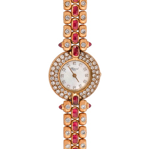 141 - A Chopard ruby, diamond and 18ct gold cocktail watch, No 446278/915/1, with mother-of-pearl dial, qu... 