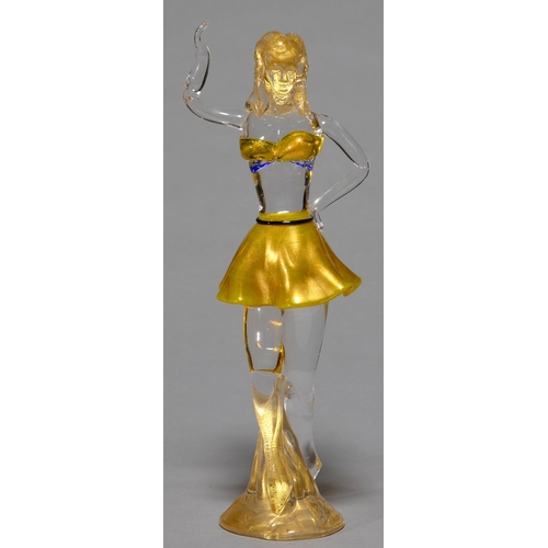 621 - A Murano clear, gold and blue trailed glass statuette of a bikini girl, c1970, 36cm h... 