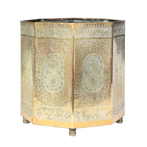 736 - A 'Cairo ware' octagonal brass waste paper basket, first half 20th c, 30cm h, a pair of wrought iron... 