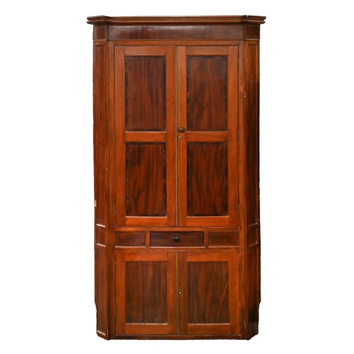 1036 - A Victorian mahogany and rosewood corner cupboard, with panelled doors and a drawer, 225cm h; 50 x 1... 