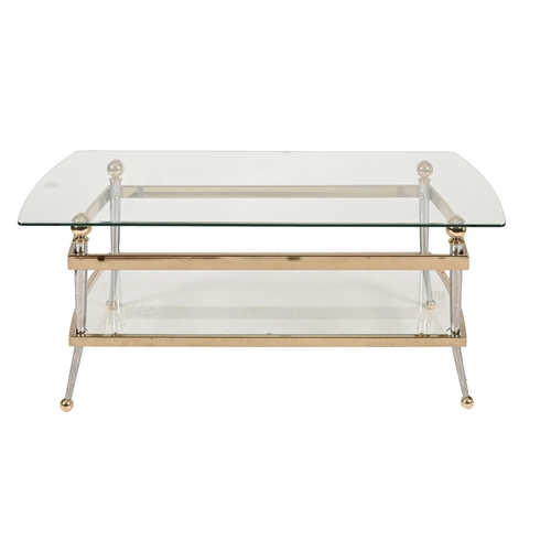 1013 - A polished metal two tier coffee table, with bevelled glass top, 49cm h; 122 x 61cm and a pair of oc... 