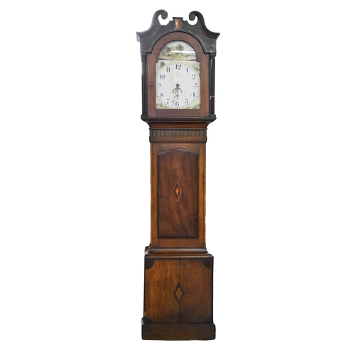 1033 - A Victorian oak and mahogany inlaid 30-hour longcase clock, with arched top painted dial, the hood w... 