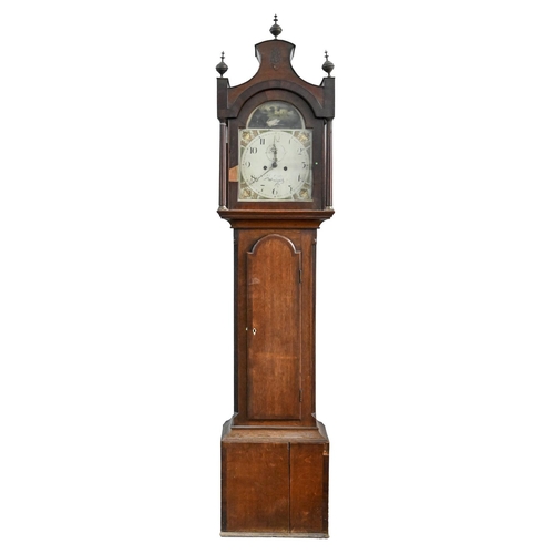 1034 - An oak longcase clock, 19th c, crossbanded in mahogany, the painted arched top indistinctly inscribe... 