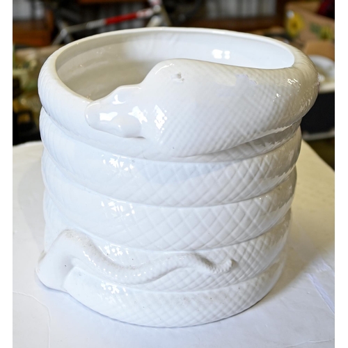 1131 - An Italian porcelain jardinière in the form of a coiled snake, 32cm h