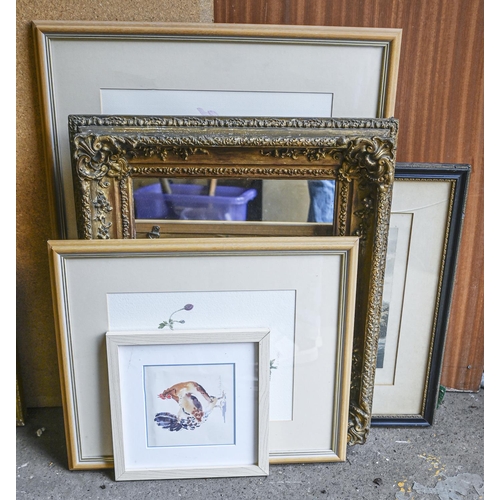 1169 - A Victorian gilt framed mirror and four pictures, to include two watercolours of flowers by C A Butl... 