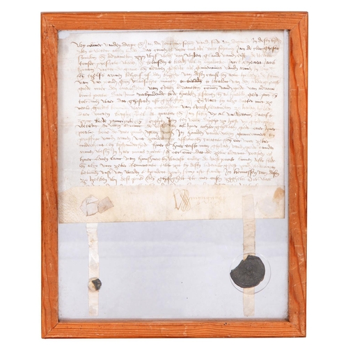 172 - A Medieval indenture, 14th/15th c, manuscript on parchment, 28 lines in total, recto signed, three-q... 