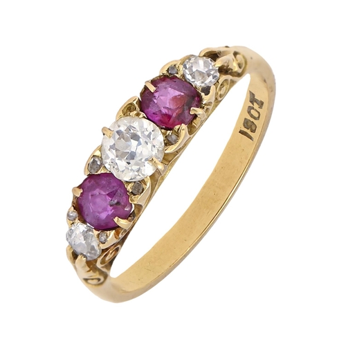 251 - A ruby and diamond ring, early 20th c, with old cut diamonds, in gold, marked 18ct, 2.9g, size L... 