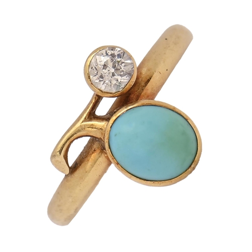 256 - A turquoise and diamond ring, early 20th c, in gold, marked 18ct, 3.5g, size K