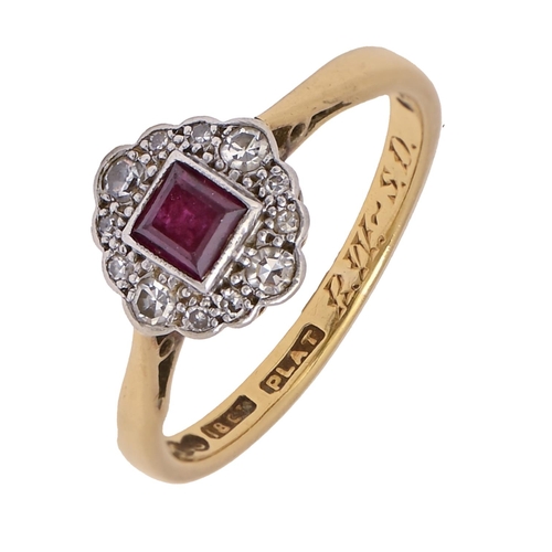 269 - A ruby and diamond ring, gold hoop marked 18ct PLAT, 2.5g, size J