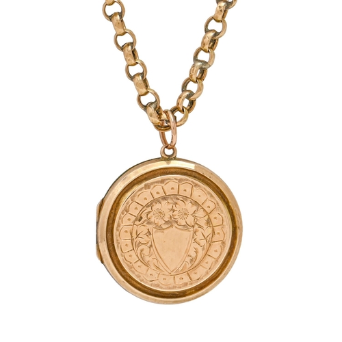 276 - A gold locket, c1900, engraved with shield and flowers, 24mm diam, marked 9ct, on gold necklet, 9g... 