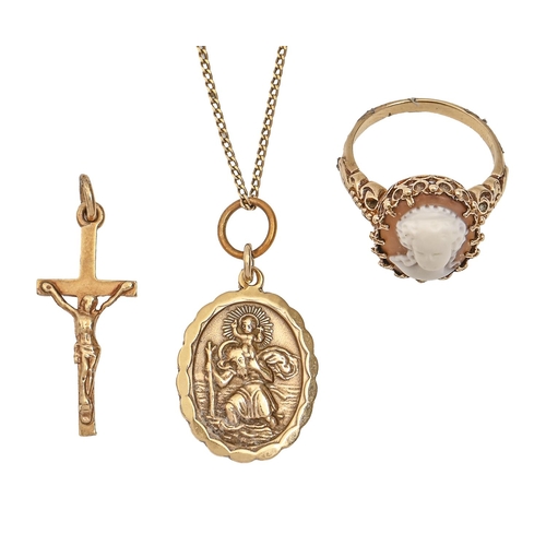 352 - Three 9ct gold articles, comprising crucifix, cameo ring and St Christopher pendant on necklet, 11g... 