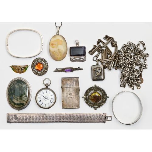 385 - Miscellaneous silver jewellery, a watch, lighter and other articles